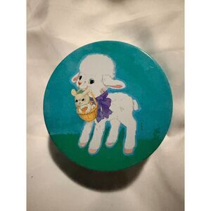 Vintage 1980 Eureka USA Easter Lamb Bunny Candle Tin Teal Pink Bow Decor